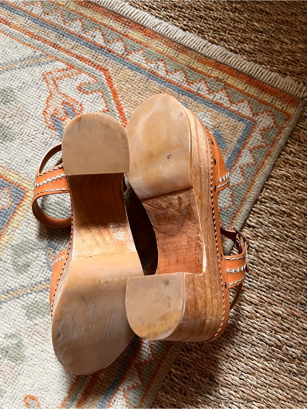 Sandro Cognac Leather Platform Clog Sandals with Wood Heel - Picture 3 of 6